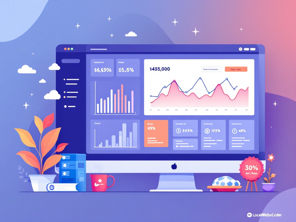 Website maintenance dashboard showing performance improvements and cost savings graphs