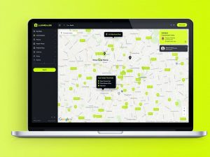 Green background, laptop, browser