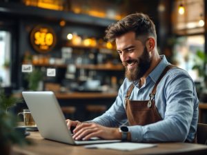 Happy small business owner on laptop